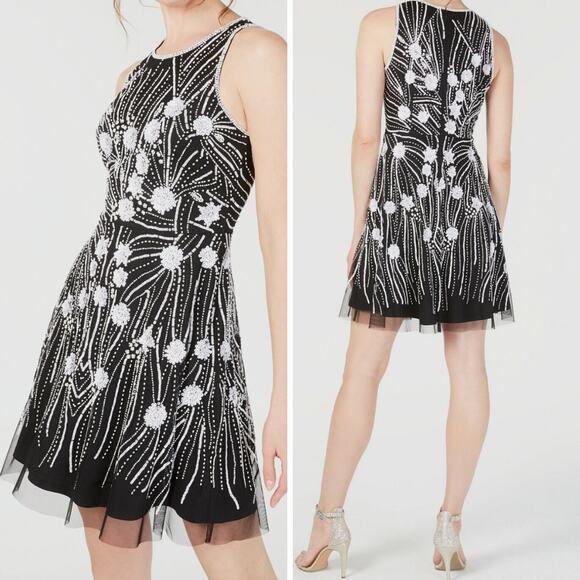 ADRIANNA PAPELL DRESS 8 WHIMSIGOTH FAIRY GRUNGE EDGY SEQUIN BEADED FLORAL BLACK - Picture 1 of 16
